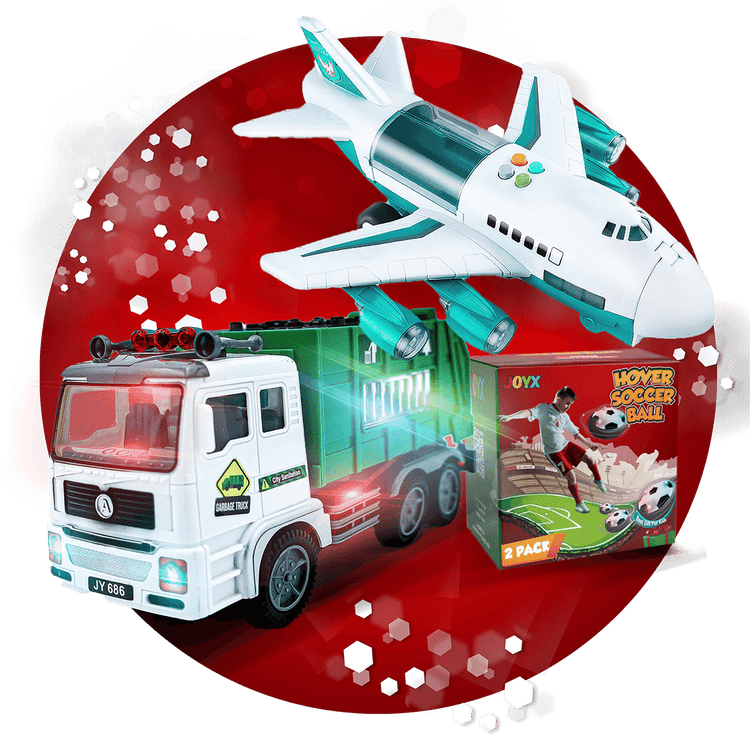 A festive red ornament graphic with a toy plane, firetruck, and a hover soccer ball set, symbolizing holiday gifts.