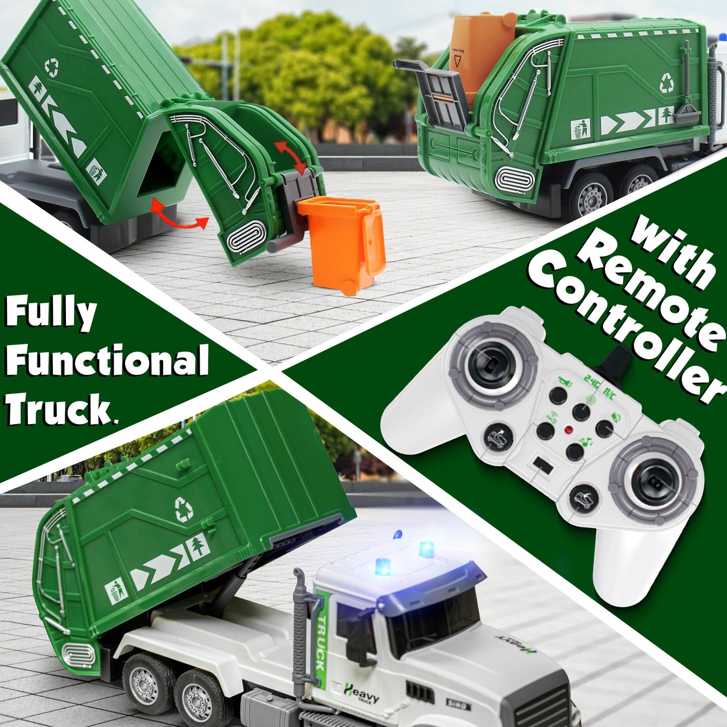 JoyX RC Garbage Truck Toy with LED Lights āRechargeable, Interactive Christmas Gift for Kids 3-8