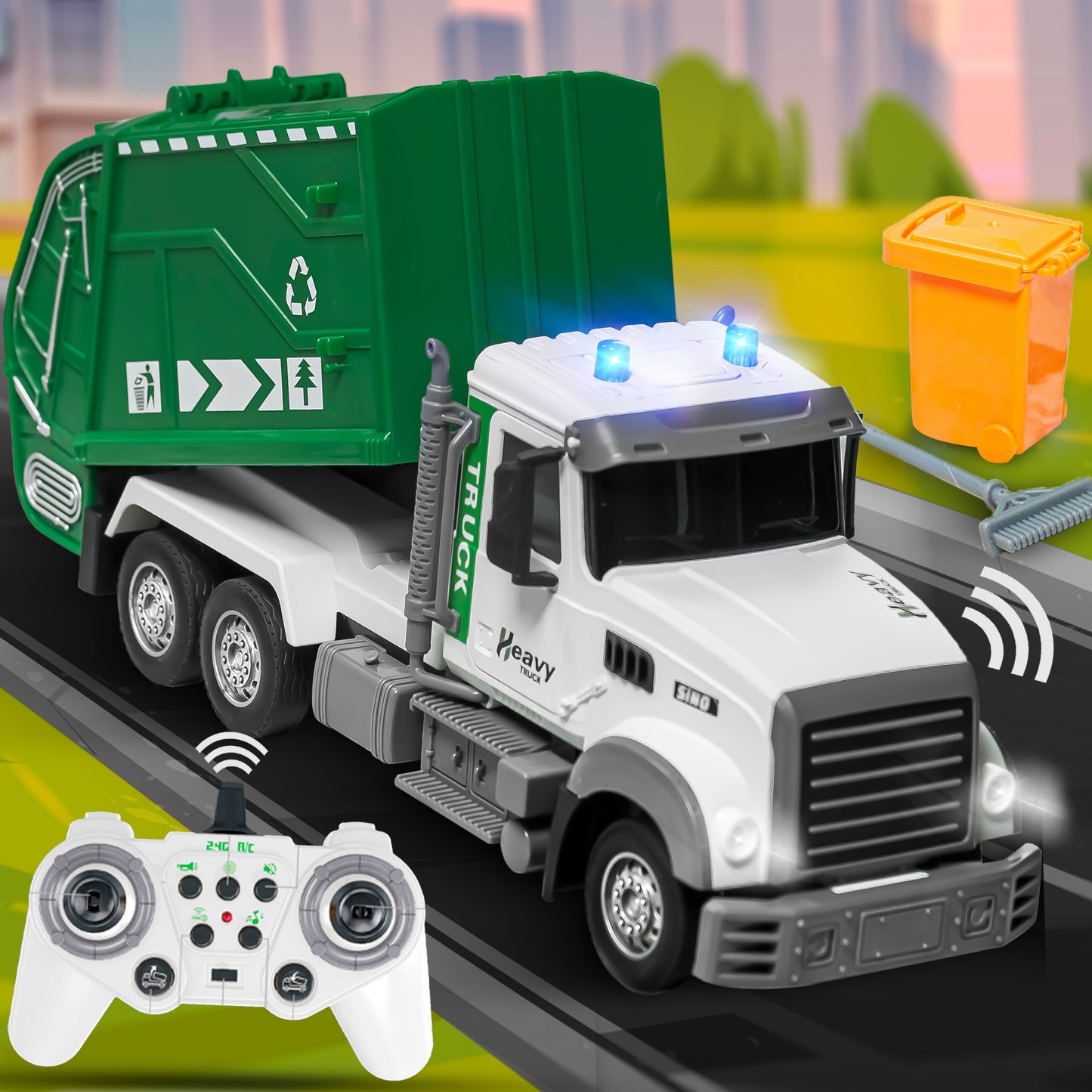 JoyX RC Garbage Truck Toy with LED Lights āRechargeable, Interactive Christmas Gift for Kids 3-8