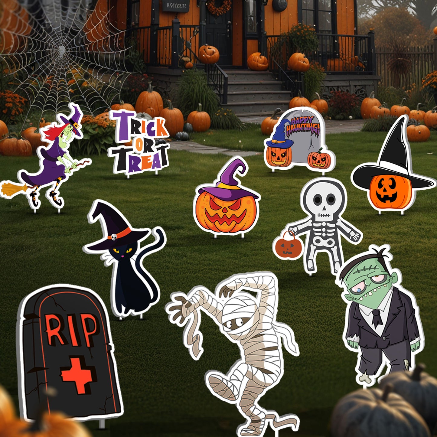 JoyX Halloween Yard Stakes 10-Pack โ Spooky Outdoor Decorations with Skeleton, Ghost, Pumpkin, Witch, Mummy, Cat & More - Durable and Water-Resistant Lawn Signs