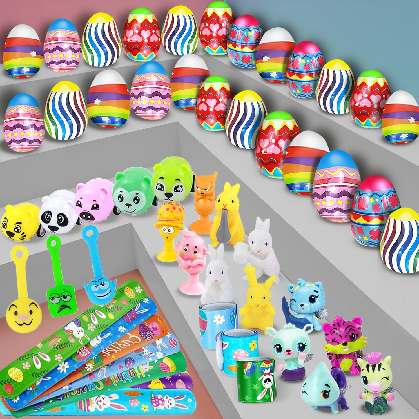 JoyX 34 Pcs Prefilled Easter Eggs with Assorted Toys and Easter Bracelets, Party Favors, Easter Basket Stuffers, Stuffed Egg Hunt Supplies, Party Favor