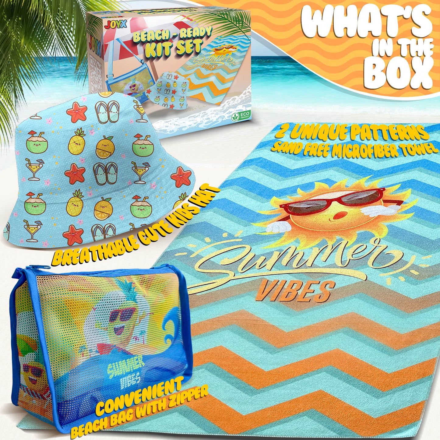 JoyX Kids Beach Bundle Set: UV-Protected Hat, Double-Sided Towel & Beach Bag - Summer Fun Essentials (Flamingo & Splash)