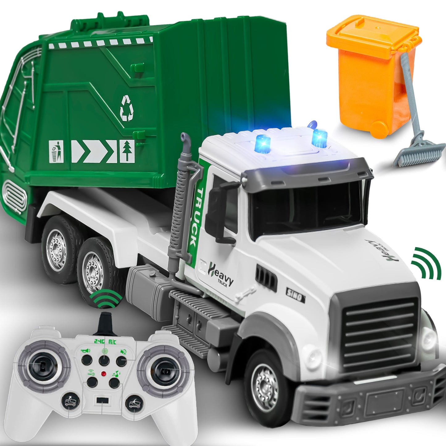 JoyX RC Garbage Truck Toy with LED Lights āRechargeable, Interactive Christmas Gift for Kids 3-8