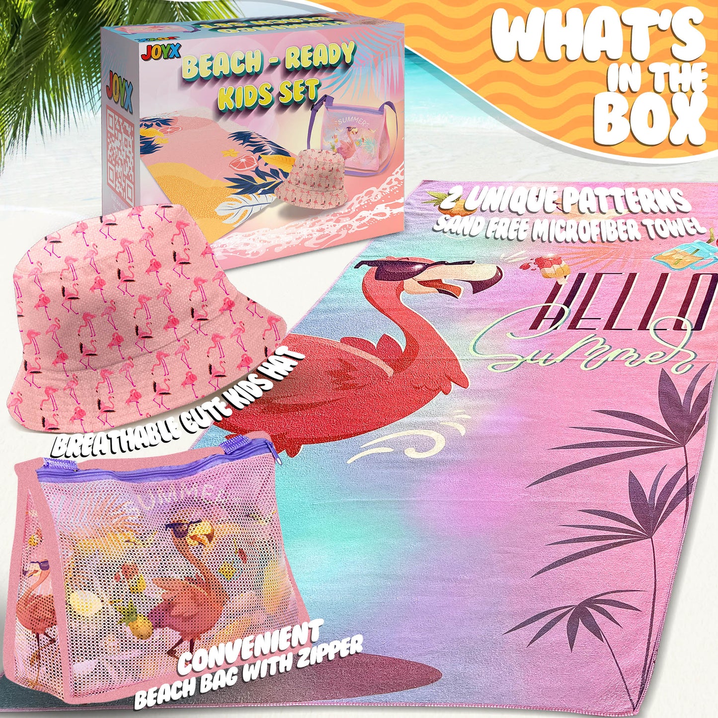 JoyX Kids Beach Bundle Set: UV-Protected Hat, Double-Sided Towel & Beach Bag - Summer Fun Essentials (Flamingo & Splash)