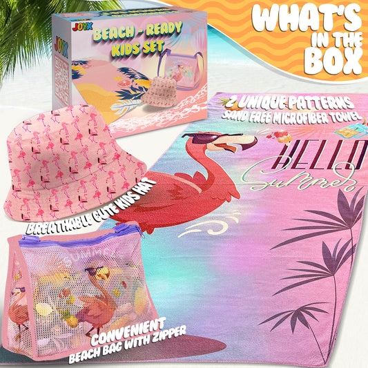 JoyX Kids Beach Bundle Set: UV-Protected Hat, Double-Sided Towel & Beach Bag - Summer Fun Essentials (Flamingo & Splash)