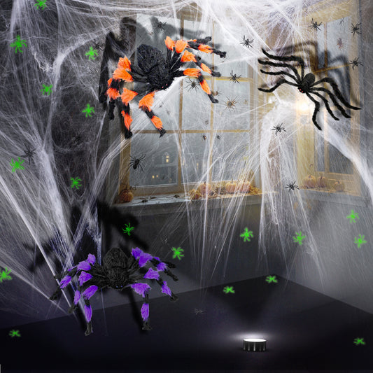 Giant Halloween Spider Web Decoration Set with LED Light | 3 Large Spooky Spiders & 20 Glow-in-the-Dark Spiders