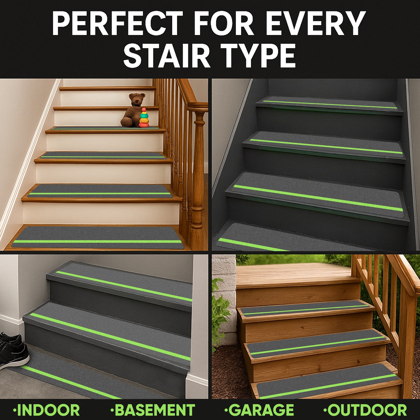Glow in the Dark Non-Slip Stair Treads ā 12 Pack, Heavy-Duty Anti-Slip Safety Strips for Indoor & Outdoor Stairs Gray