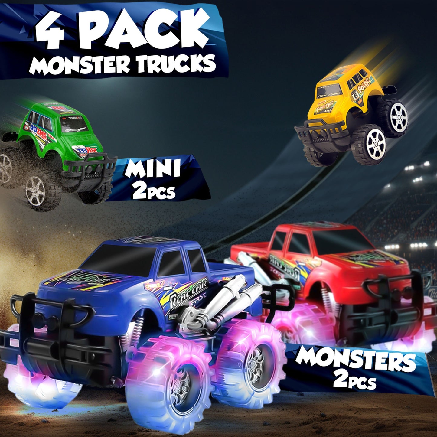 4 Pack Light Up Monster Truck Car Toy with LED Tires