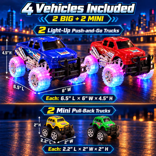 Light Up Monster Truck Toy Set โ 4 Pack