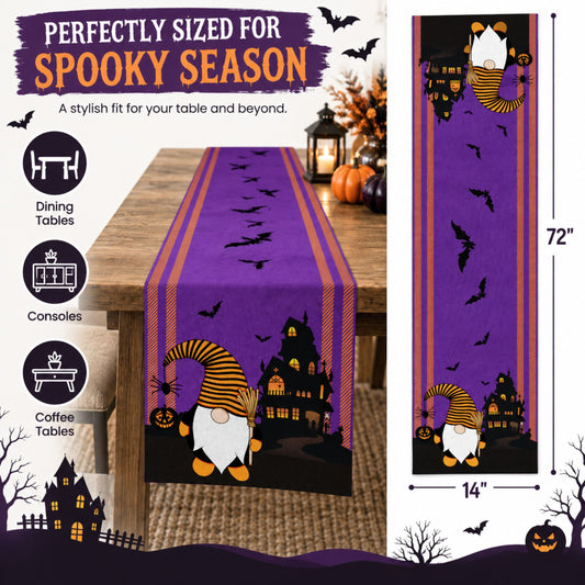 DecorX Purple Halloween Table Runner 14x72 – Gnome Haunted House