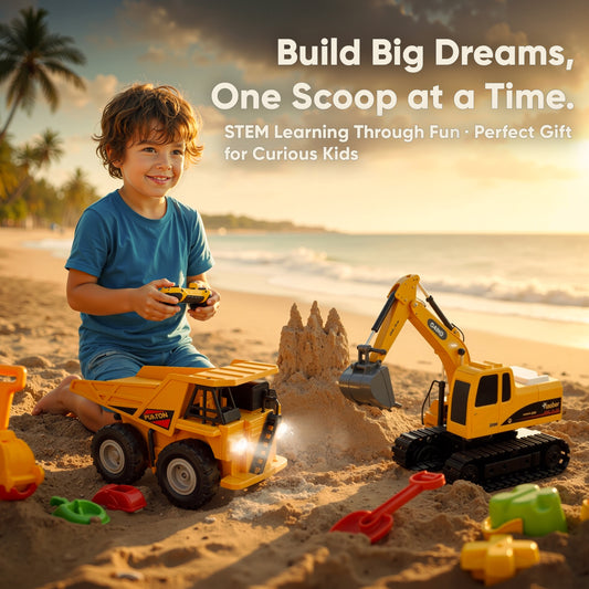 RC 2-in-1 Truck & Excavator Set – Rechargeable STEM Construction Toy with LED Lights & Glow-in-the-Dark Stones