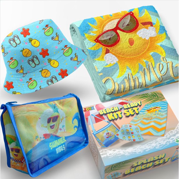 JoyX Kids Beach Bundle Set: UV-Protected Hat, Double-Sided Towel & Beach Bag - Summer Fun Essentials (Flamingo & Splash)