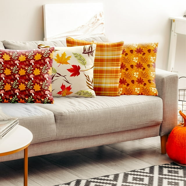 DecorX Rustic Linen Fall Pillow Covers 18x18" - Set of 4 Autumn Maple Leaf