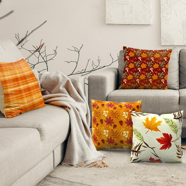 DecorX Rustic Linen Fall Pillow Covers 18x18" - Set of 4 Autumn Maple Leaf