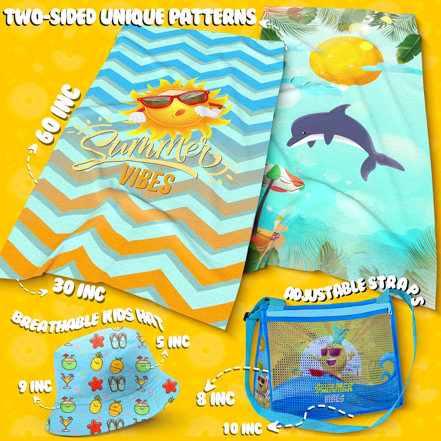 JoyX Kids Beach Bundle Set: UV-Protected Hat, Double-Sided Towel & Beach Bag - Summer Fun Essentials (Flamingo & Splash)