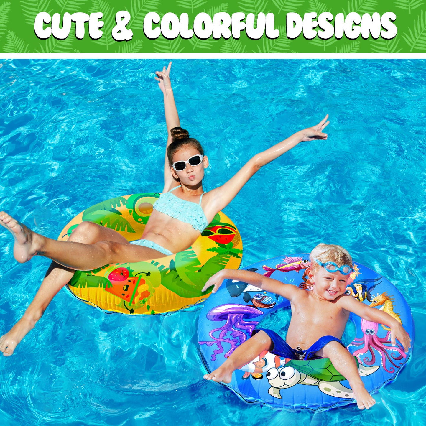 JoyX 3-Pack Kids Pool Floats - Inflatable Swimming Rings with Cute Summer Fruit & Undersea Animal Floaties