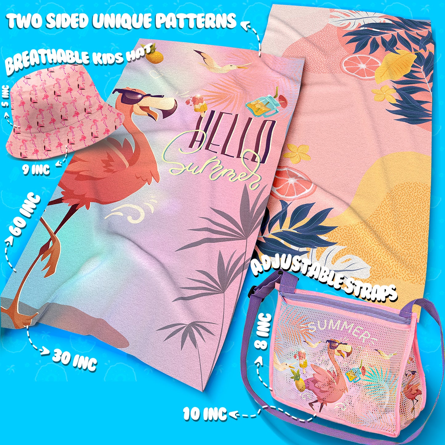 JoyX Kids Beach Bundle Set: UV-Protected Hat, Double-Sided Towel & Beach Bag - Summer Fun Essentials (Flamingo & Splash)