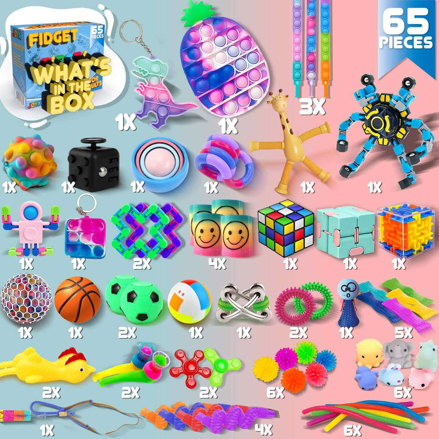 JoyX 65-Piece Sensory Fidget Toy Set - Focus & Stress Relief Tools for Kids with Autism & ADHD