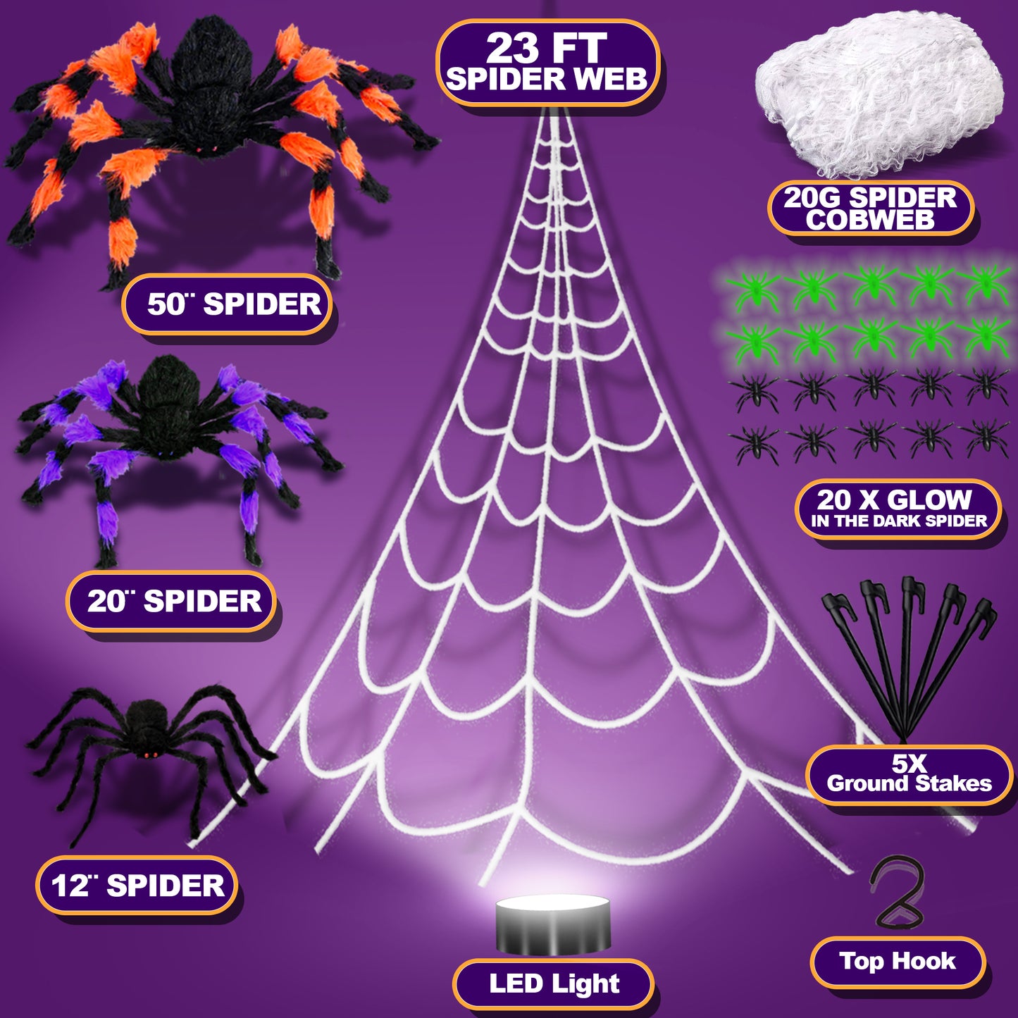 Giant Halloween Spider Web Decoration Set with LED Light | 3 Large Spooky Spiders & 20 Glow-in-the-Dark Spiders