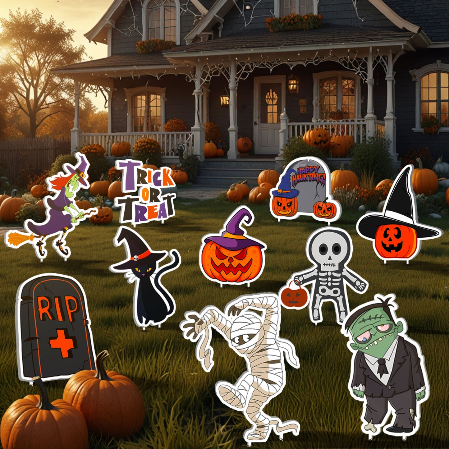 JoyX Halloween Yard Stakes 10-Pack โ Spooky Outdoor Decorations with Skeleton, Ghost, Pumpkin, Witch, Mummy, Cat & More - Durable and Water-Resistant Lawn Signs