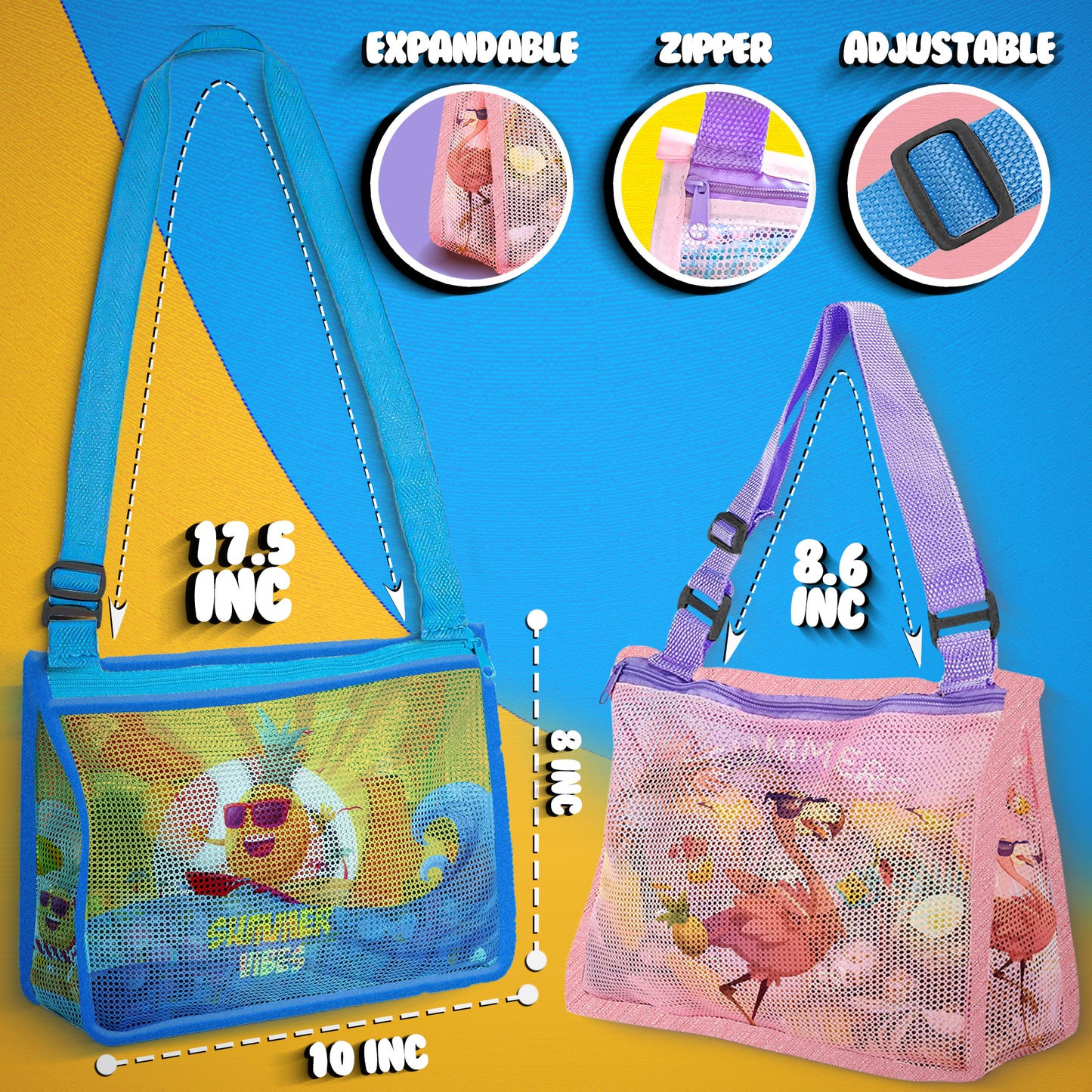 JoyX Kids' 2-Pack Mesh Beach Bags Storage for Toys & Beach Essentials