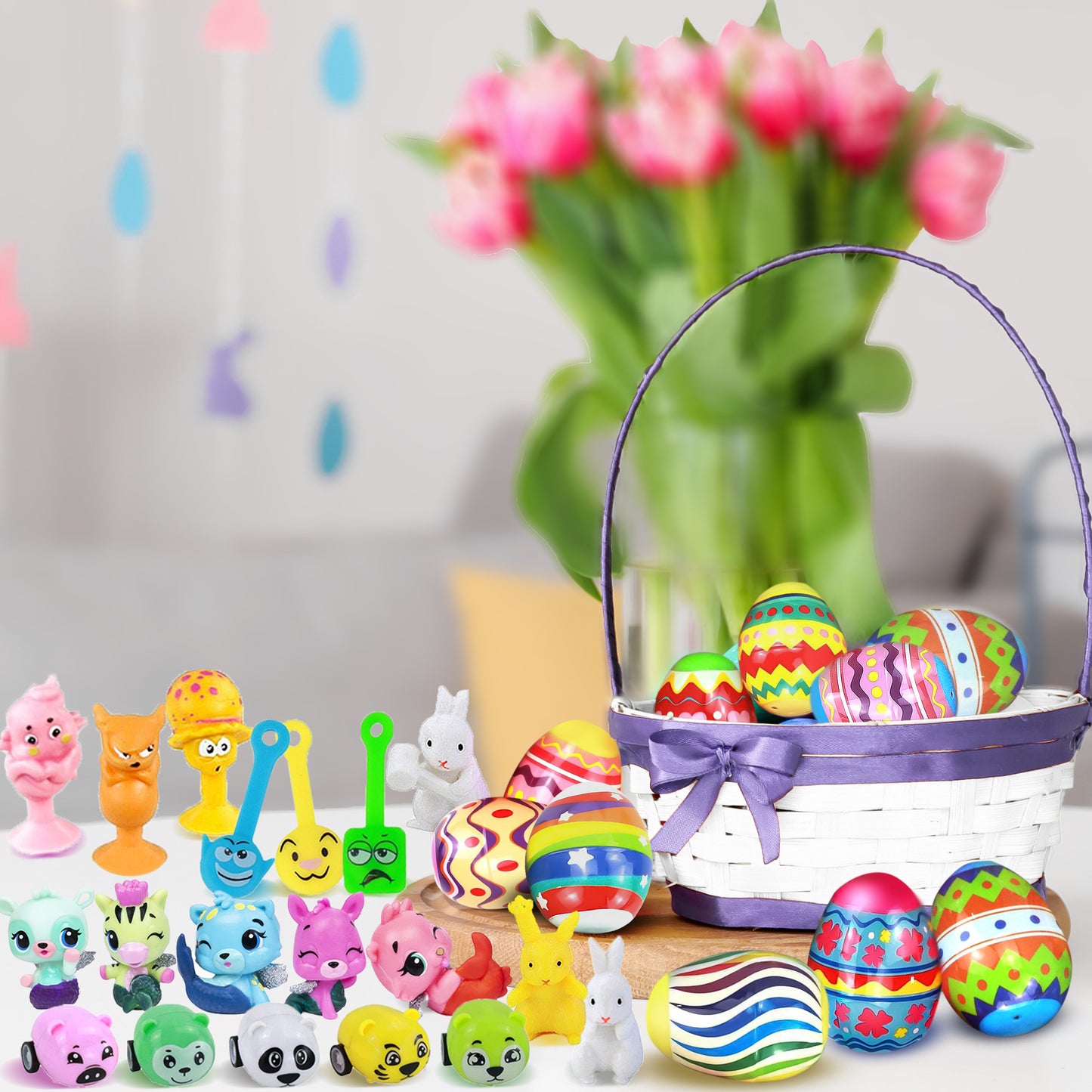 JoyX 34 Pcs Prefilled Easter Eggs with Assorted Toys and Easter Bracelets, Party Favors, Easter Basket Stuffers, Stuffed Egg Hunt Supplies, Party Favor