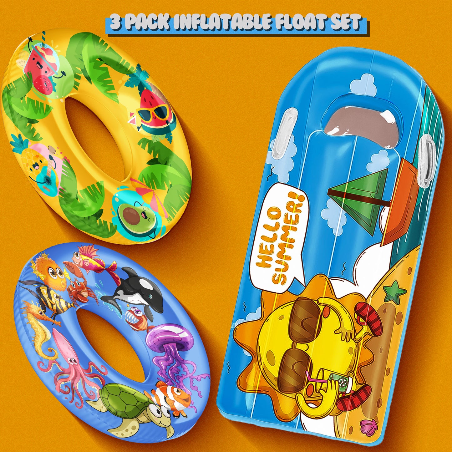 JoyX 3-Pack Kids Pool Floats - Inflatable Swimming Rings with Cute Summer Fruit & Undersea Animal Floaties