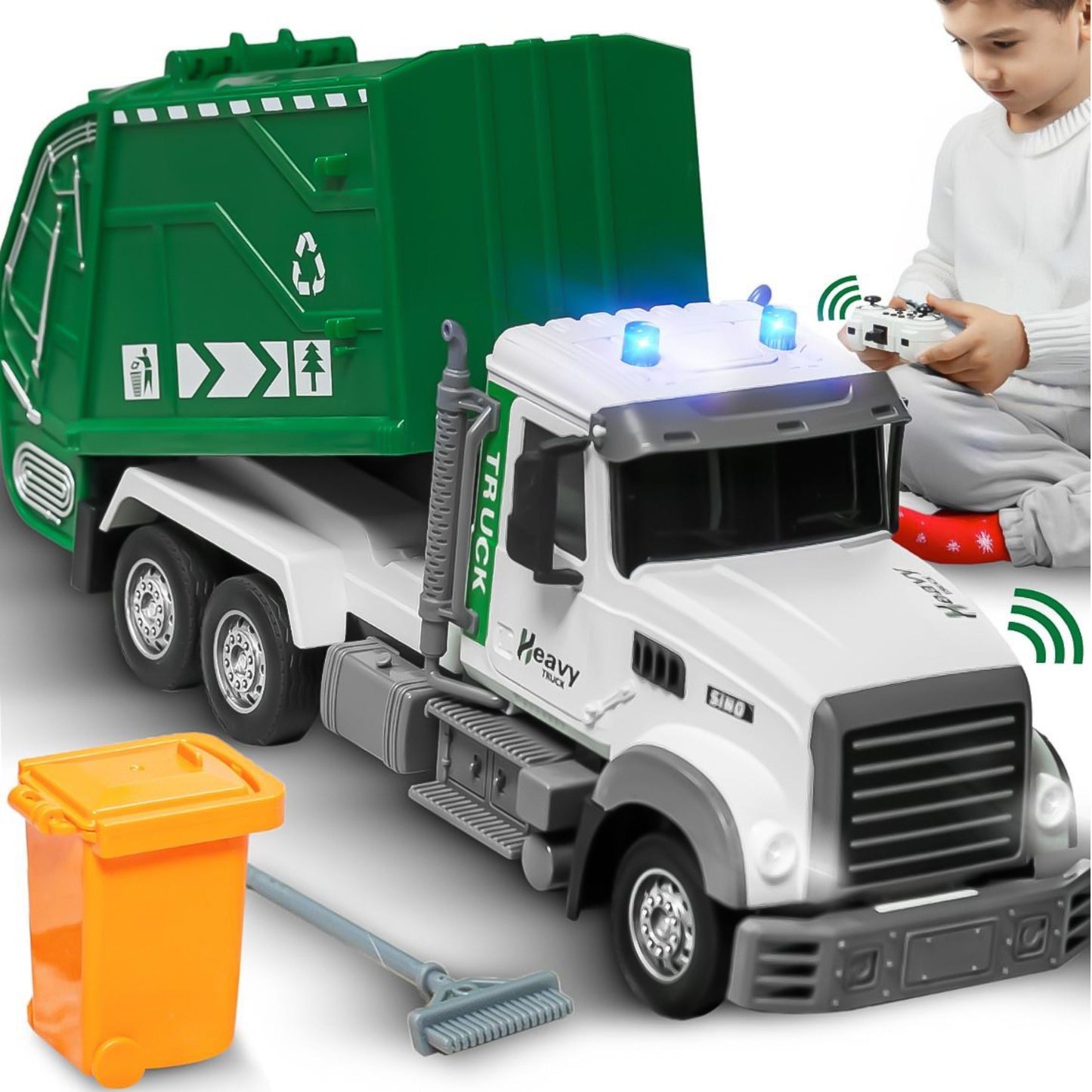 JoyX RC Garbage Truck Toy with LED Lights āRechargeable, Interactive Christmas Gift for Kids 3-8