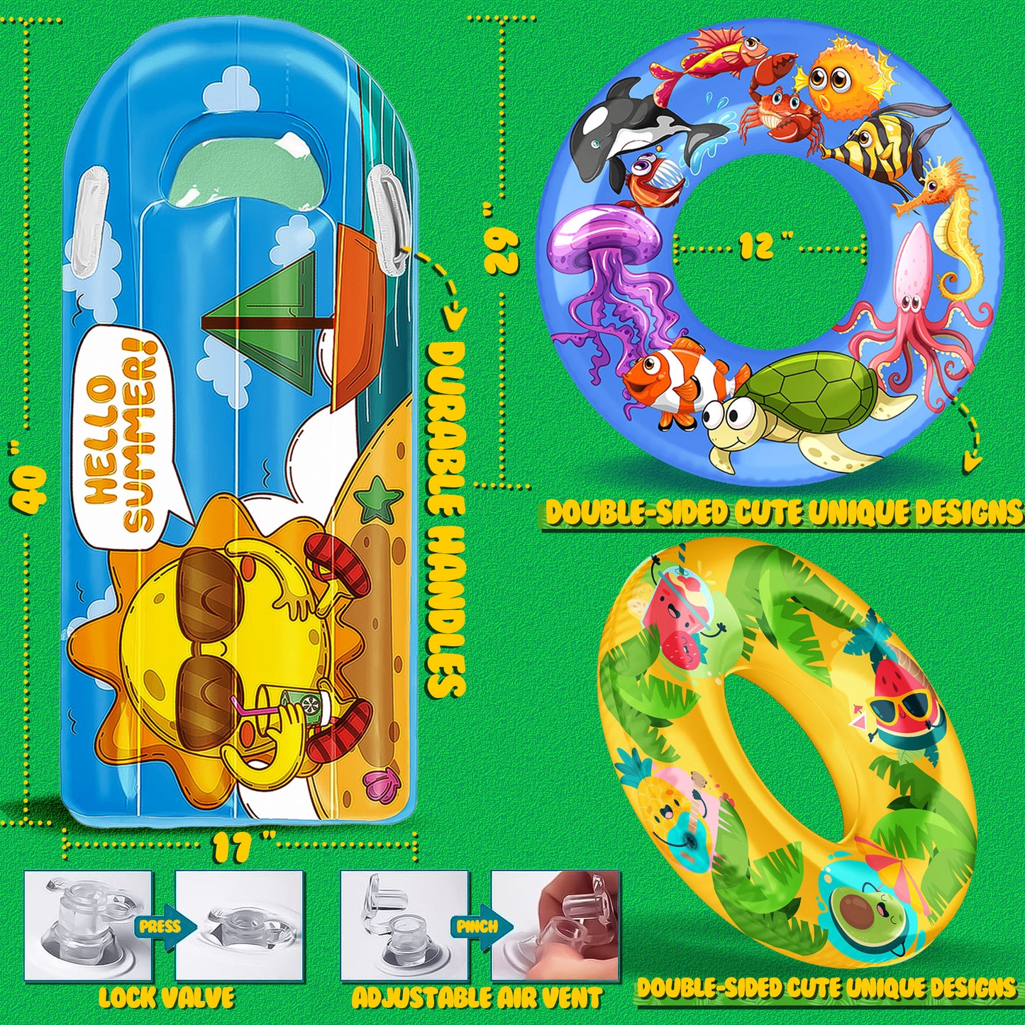 JoyX 3-Pack Kids Pool Floats - Inflatable Swimming Rings with Cute Summer Fruit & Undersea Animal Floaties