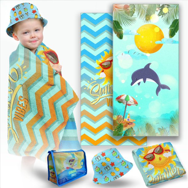 JoyX Kids Beach Bundle Set: UV-Protected Hat, Double-Sided Towel & Beach Bag - Summer Fun Essentials (Flamingo & Splash)