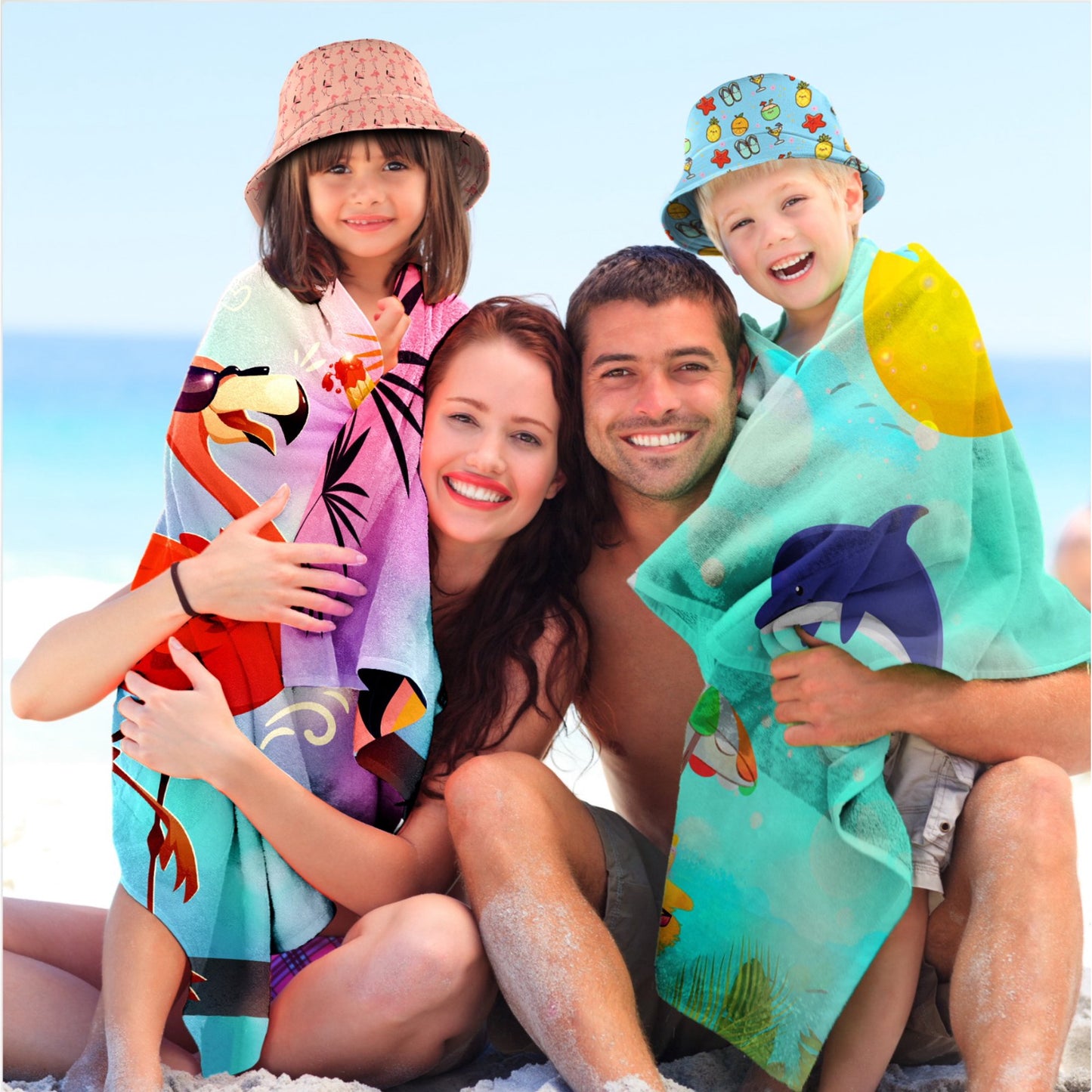 JoyX Kids Beach Bundle Set: UV-Protected Hat, Double-Sided Towel & Beach Bag - Summer Fun Essentials (Flamingo & Splash)