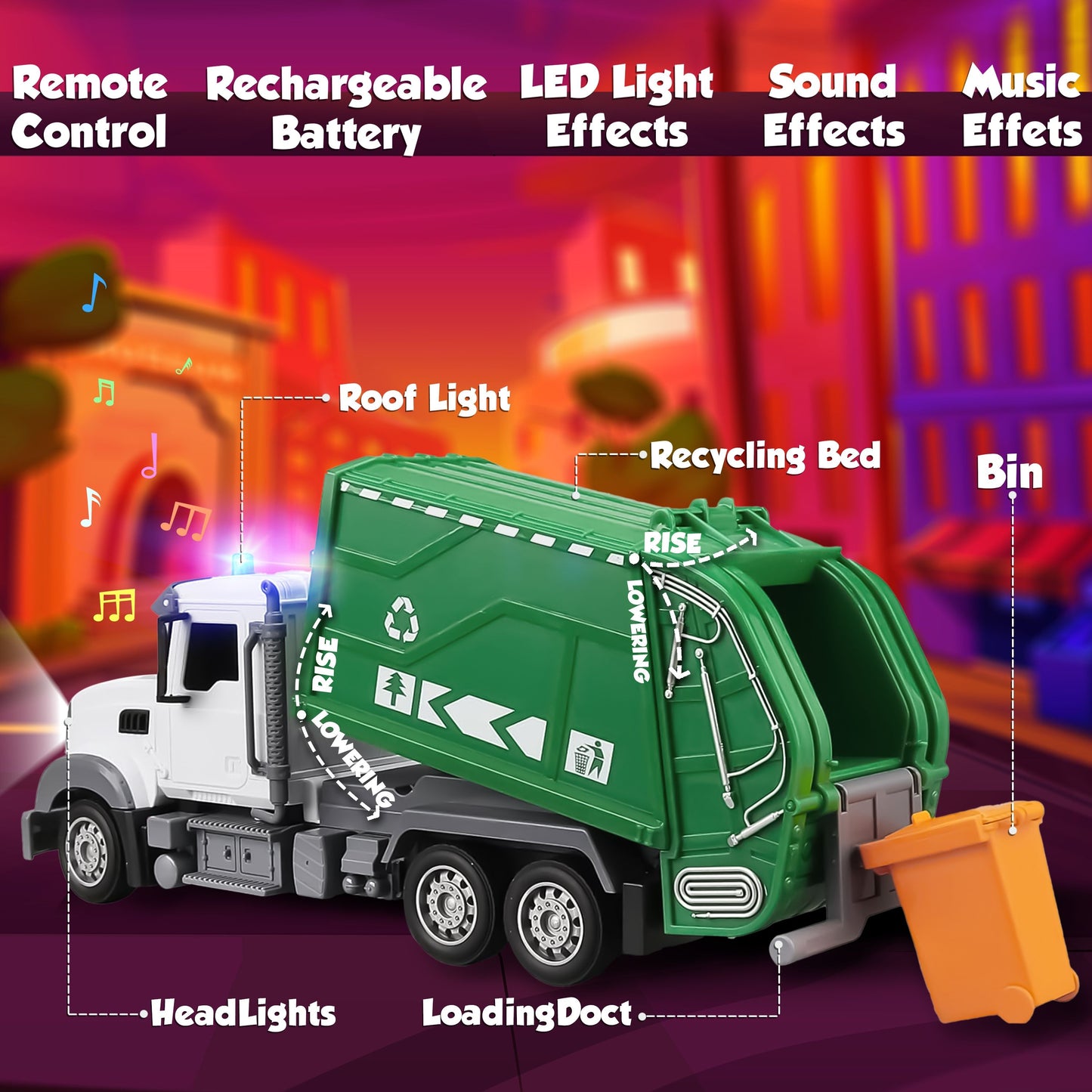 JoyX RC Garbage Truck Toy with LED Lights āRechargeable, Interactive Christmas Gift for Kids 3-8