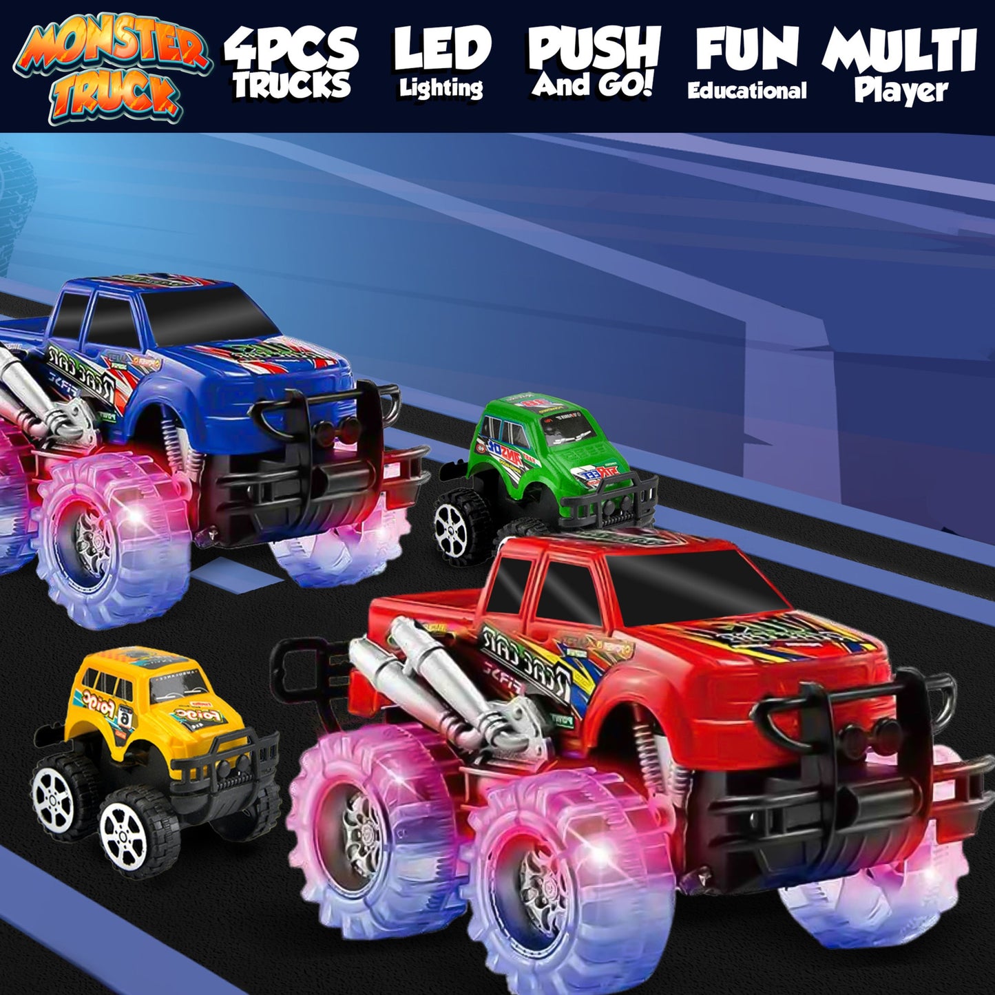 4 Pack Light Up Monster Truck Car Toy with LED Tires