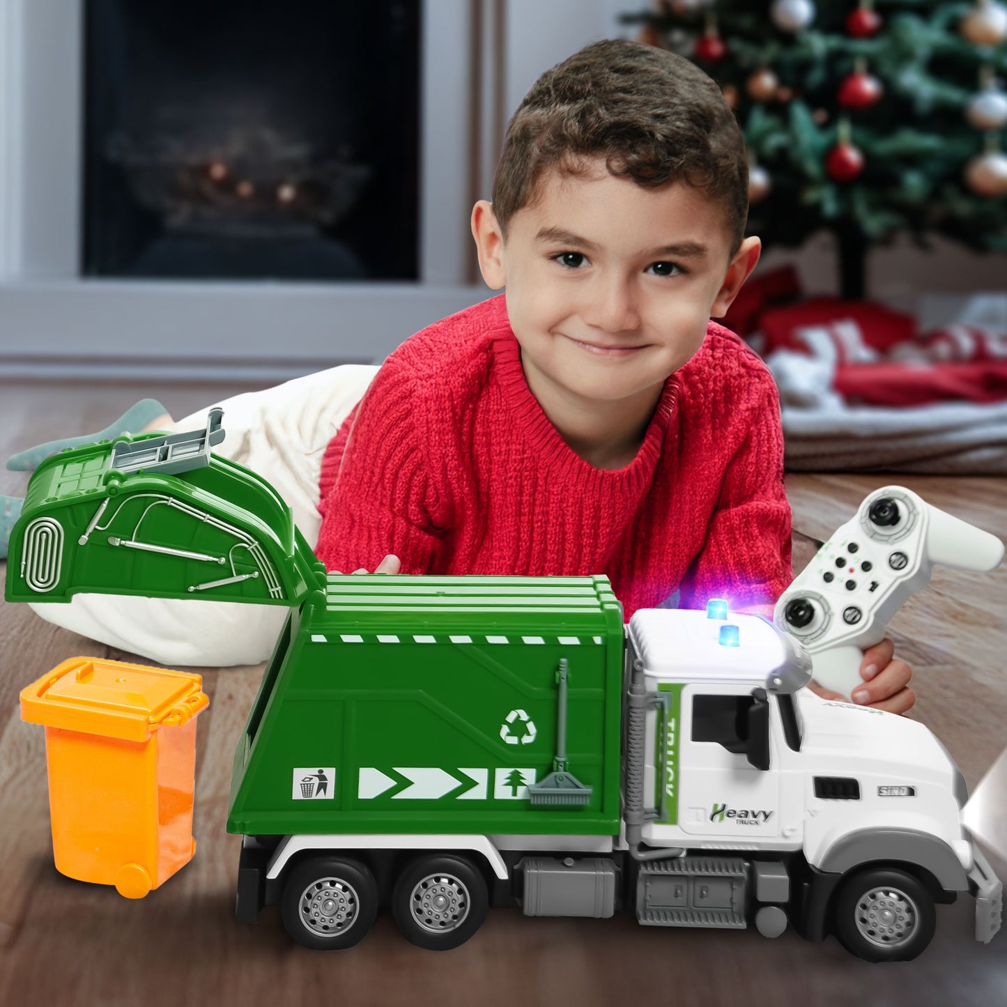 JoyX RC Garbage Truck Toy with LED Lights āRechargeable, Interactive Christmas Gift for Kids 3-8