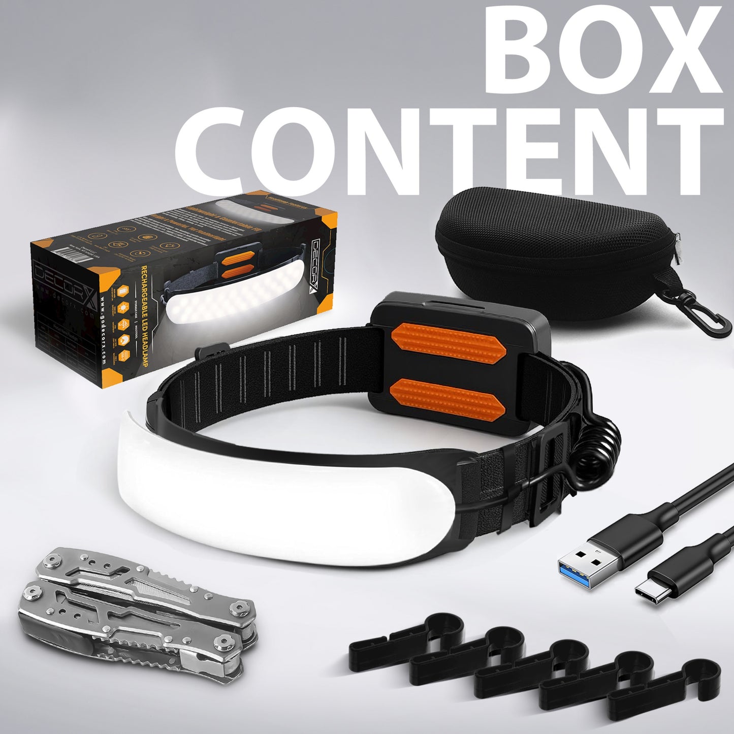 DecorX 1500 Lumens Rechargeable LED Headlamp for Adults, 230° Wide Beam, Adjustable Light Bar, 5000mAh Battery, IPX6 Waterproof + Multitool – Camping, Hiking, Running, Hunting & Construction