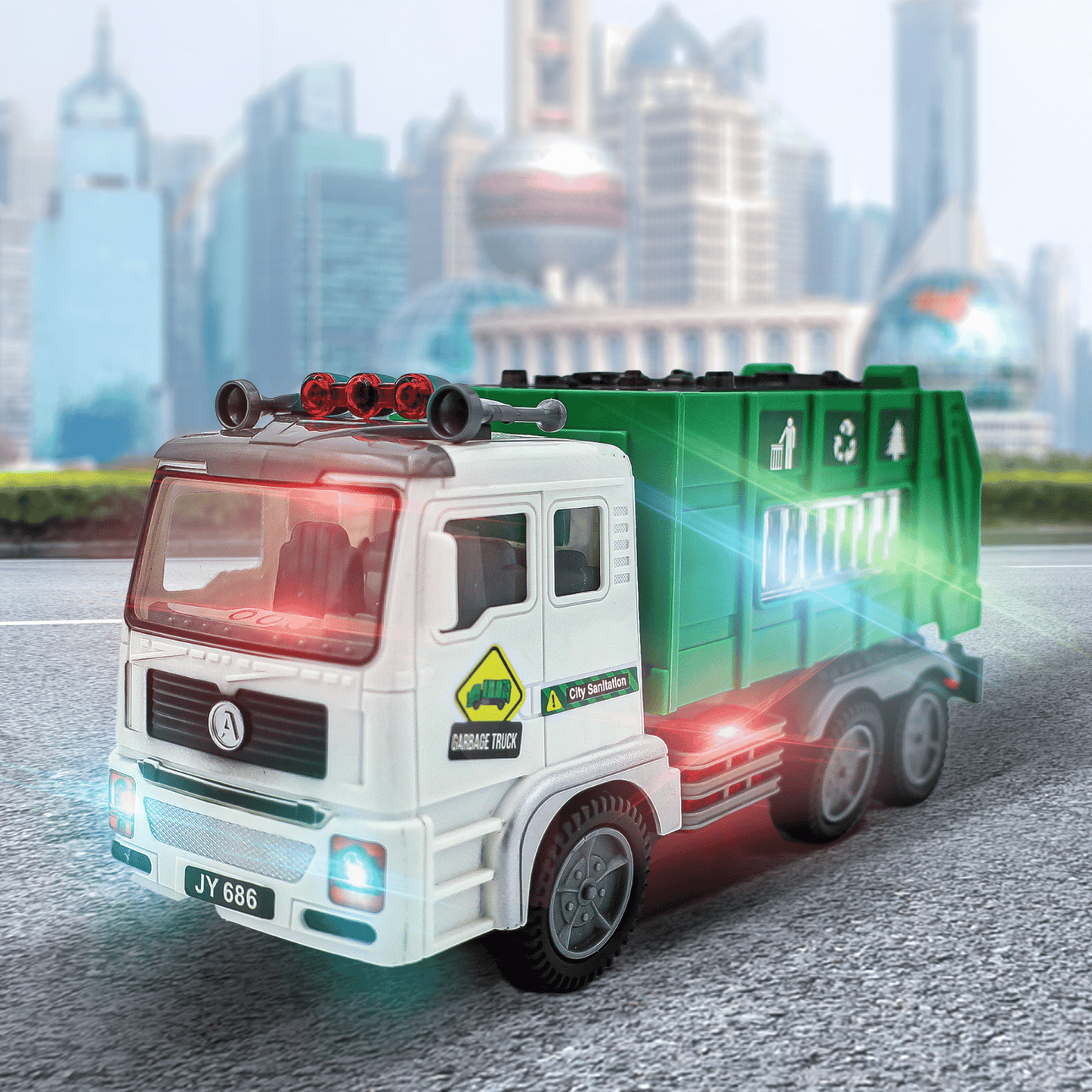 Garbage Truck Toy 4D Lights & Sounds - Battery-Powered Bump & Go Action, Kids Sanitation Vehicle with Realistic Stickers