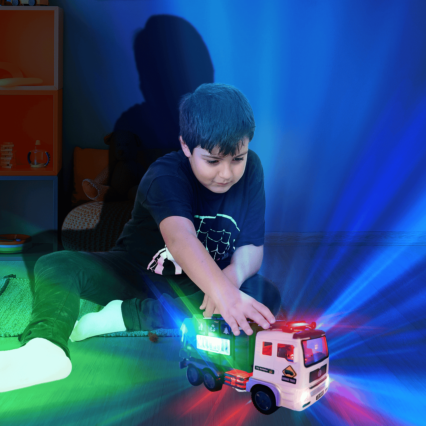 Garbage Truck Toy 4D Lights & Sounds - Battery-Powered Bump & Go Action, Kids Sanitation Vehicle with Realistic Stickers