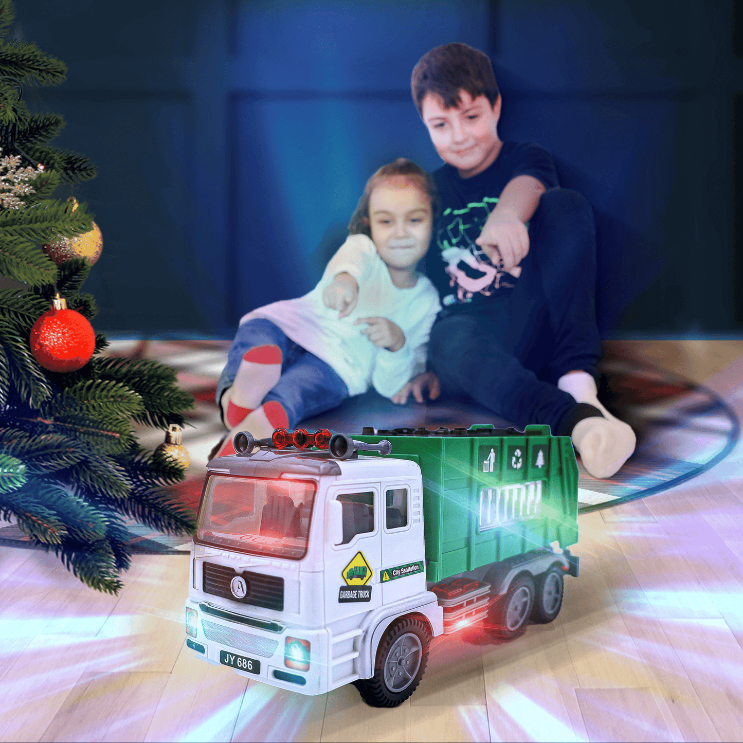 Garbage Truck Toy 4D Lights & Sounds - Battery-Powered Bump & Go Action, Kids Sanitation Vehicle with Realistic Stickers