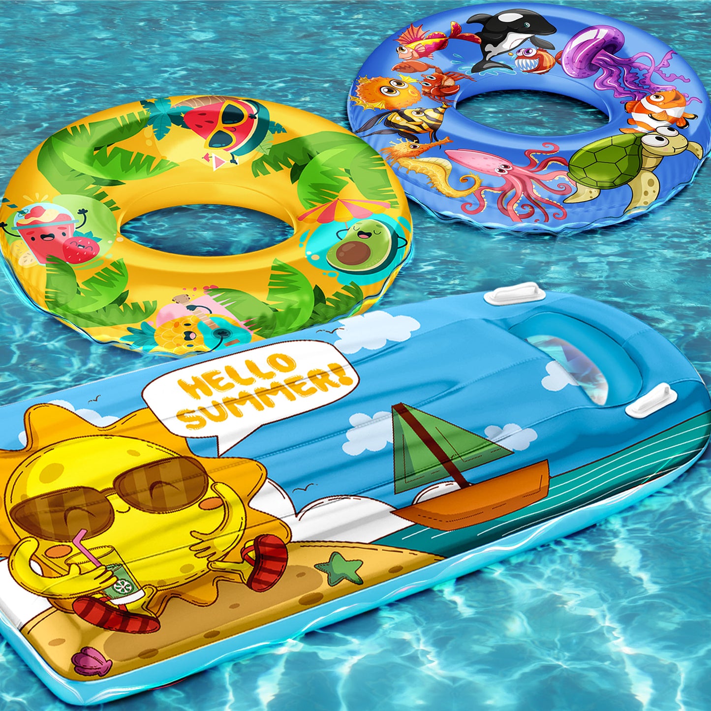 JoyX 3-Pack Kids Pool Floats - Inflatable Swimming Rings with Cute Summer Fruit & Undersea Animal Floaties