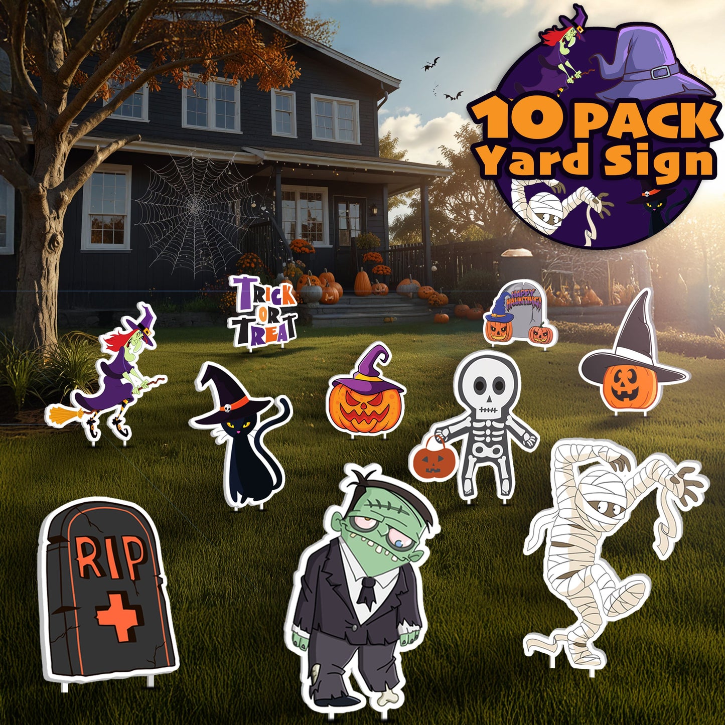 JoyX Halloween Yard Stakes 10-Pack โ Spooky Outdoor Decorations with Skeleton, Ghost, Pumpkin, Witch, Mummy, Cat & More - Durable and Water-Resistant Lawn Signs