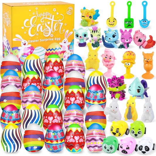 JoyX 34 Pcs Prefilled Easter Eggs with Assorted Toys and Easter Bracelets, Party Favors, Easter Basket Stuffers, Stuffed Egg Hunt Supplies, Party Favor