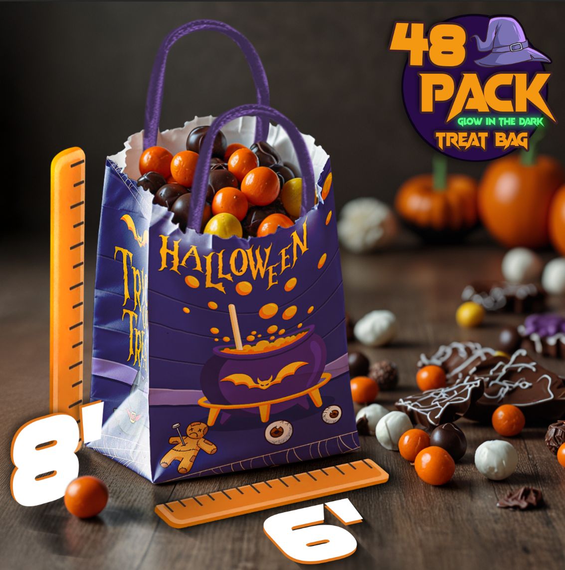 Halloween Candy Bags Glow-in-the-Dark Trick or Treat Bags | Party Supplies (48-Pack)