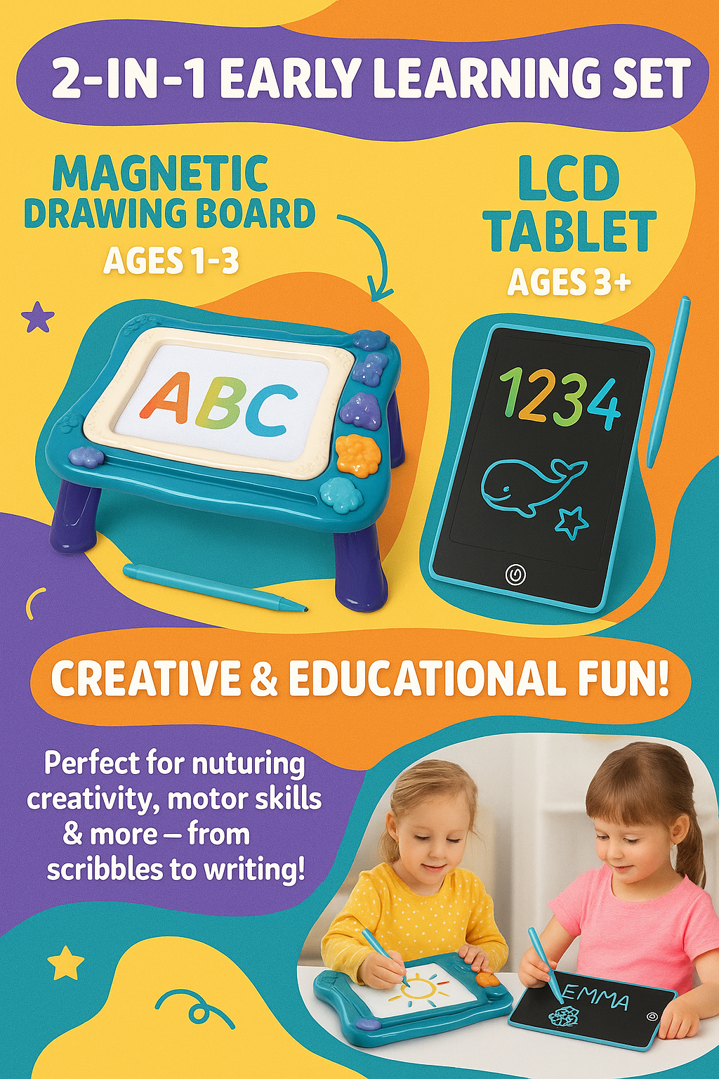 JoyX 2-Pack Drawing Board & LCD Tablet for Kids - Joy-Doodle & Portable LCD Tablet, Colorful Educational Sketch Toys for Toddlers, Early Learning Gift for 1 2 3 4 5 Year Old Boys Girls