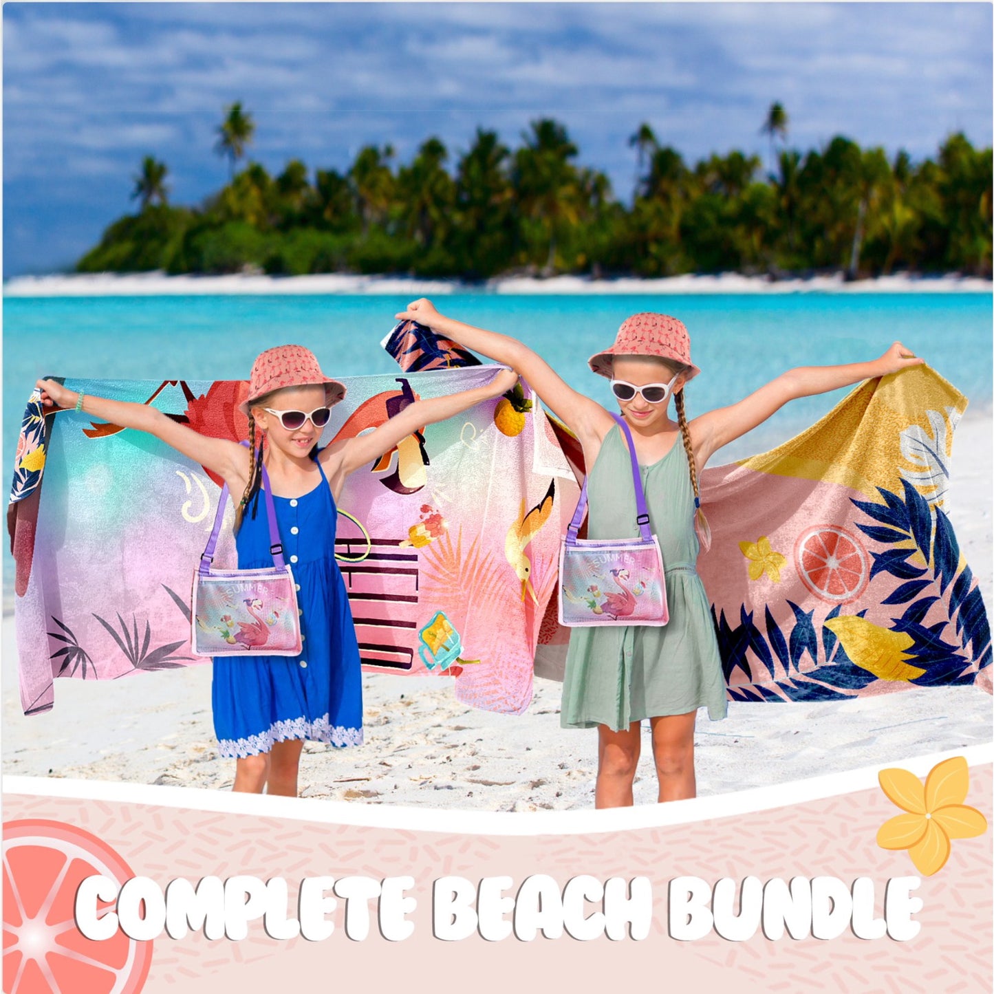 JoyX Kids Beach Bundle Set: UV-Protected Hat, Double-Sided Towel & Beach Bag - Summer Fun Essentials (Flamingo & Splash)