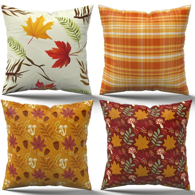 DecorX Rustic Linen Fall Pillow Covers 18x18" - Set of 4 Autumn Maple Leaf