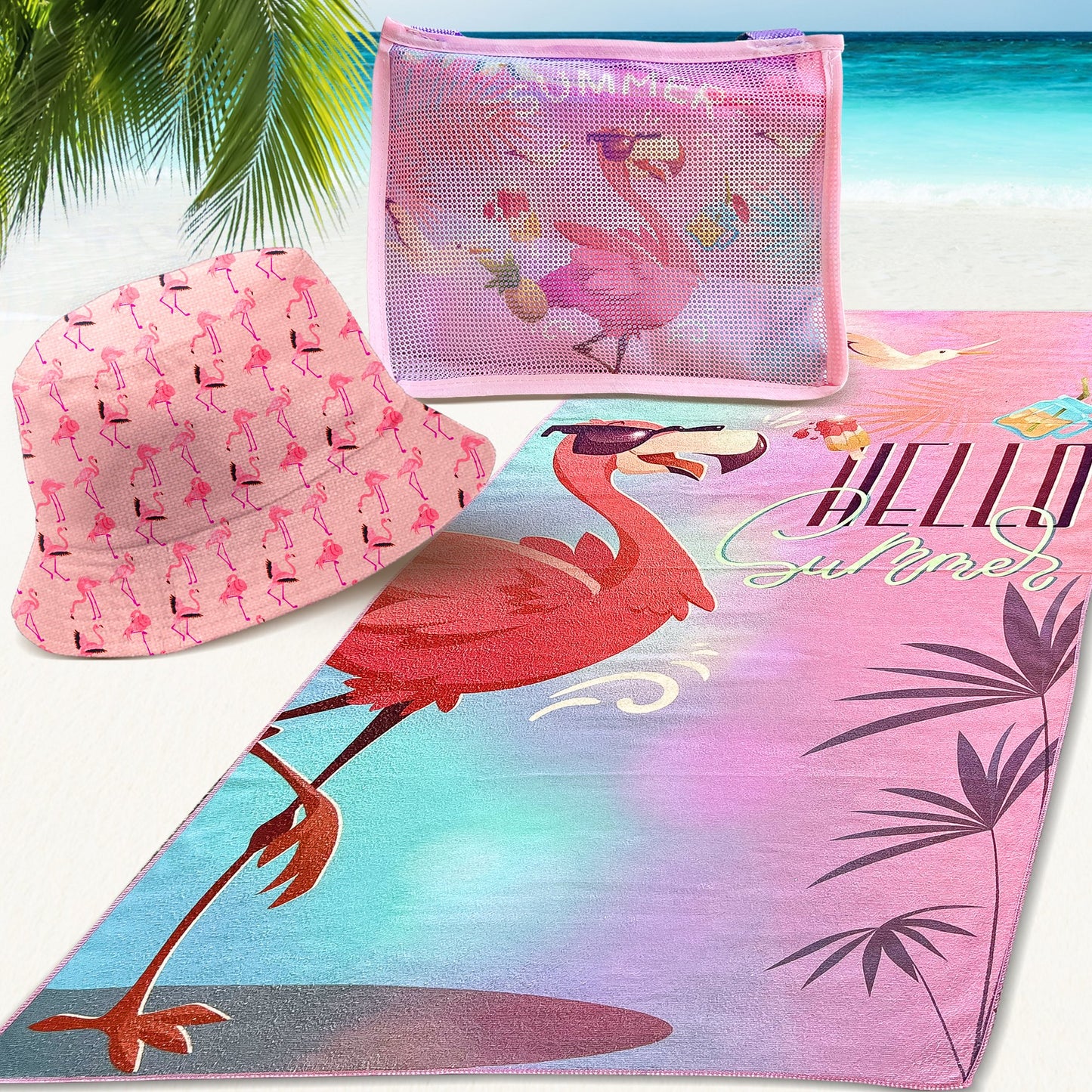 JoyX Kids Beach Bundle Set: UV-Protected Hat, Double-Sided Towel & Beach Bag - Summer Fun Essentials (Flamingo & Splash)