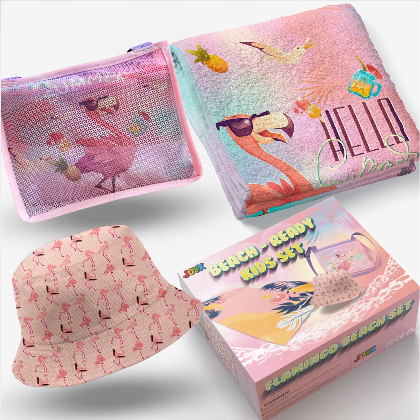 JoyX Kids Beach Bundle Set: UV-Protected Hat, Double-Sided Towel & Beach Bag - Summer Fun Essentials (Flamingo & Splash)