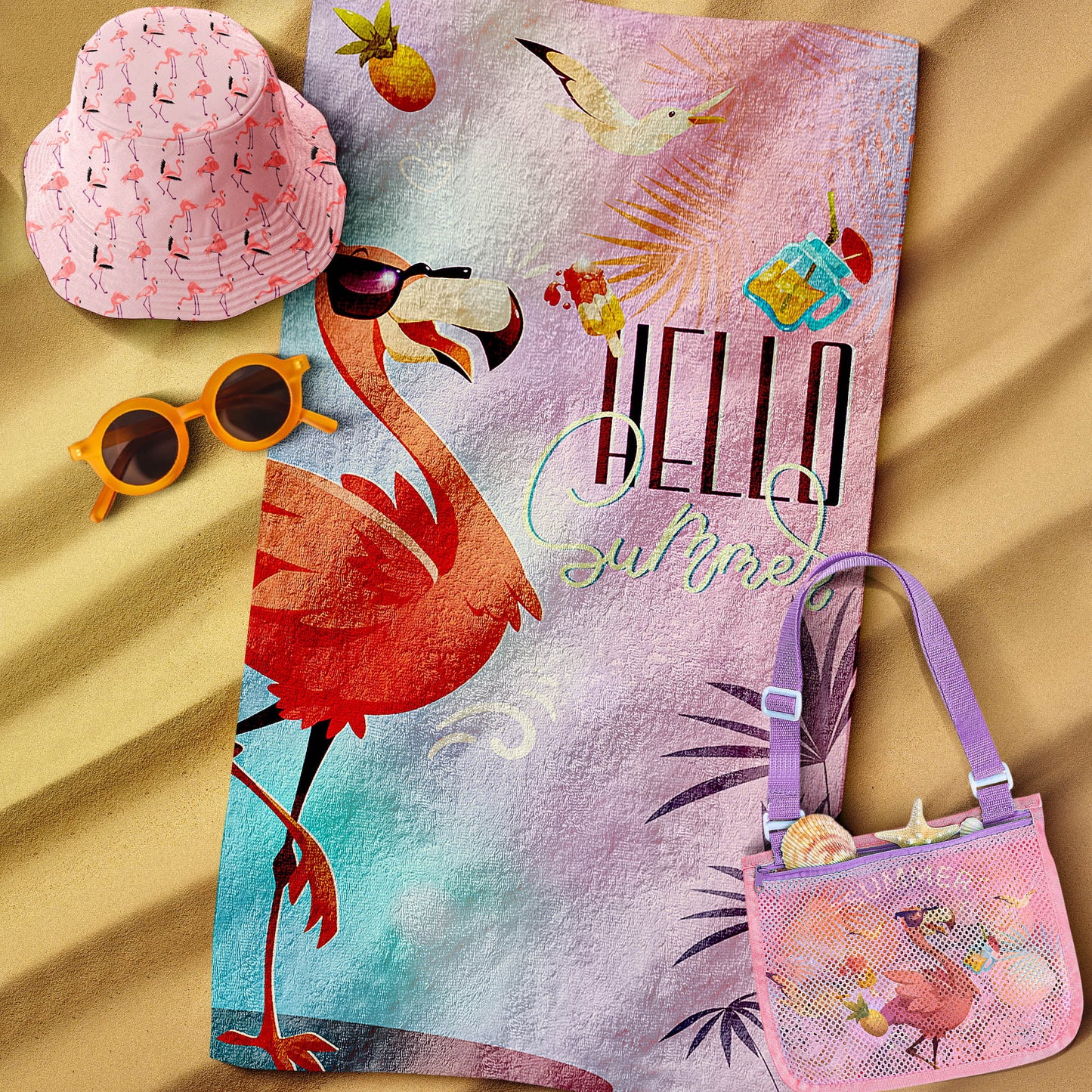 JoyX Kids Beach Bundle Set: UV-Protected Hat, Double-Sided Towel & Beach Bag - Summer Fun Essentials (Flamingo & Splash)