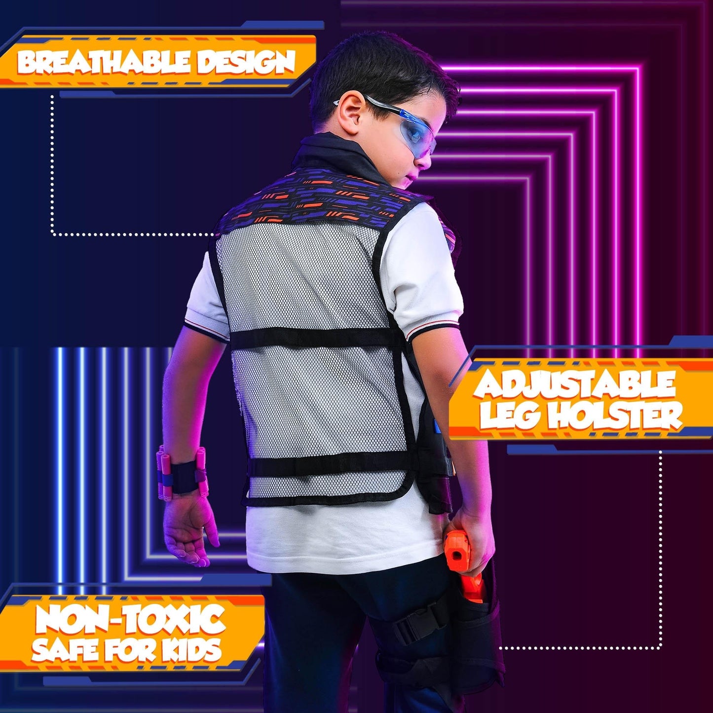 a Nerf war vest with toy guns and darts