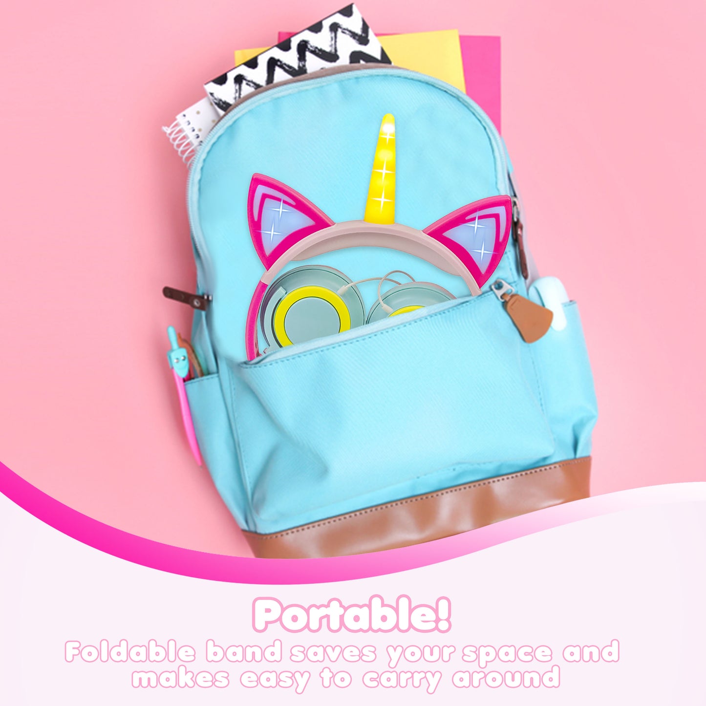 LED Unicorn Kids Headphones - Foldable Cat Ear Design for Girls School Essentials